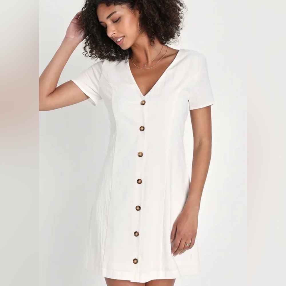Lulus Everyday Sweetness White Button-Up Mini Dress With Pockets Women Medium